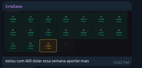 Print original: Cristiane. Cristiane comenta que adicionou capital à conta. O valor mencionado é um aporte, não um lucro informado.