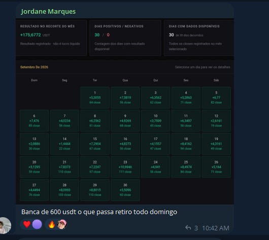 Print original: Jordane. Registro do mês com o comentário de Jordane sobre a banca e os saques.